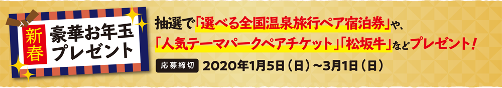 新春豪華お年玉プレゼント　抽選で「選べる全国温泉旅行ペア宿泊券」や「人気テーマパークペアチケット」「松阪牛」などプレゼント！