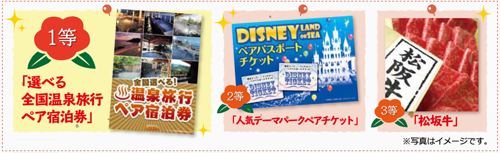 １等「選べる全国温泉旅行ペア宿泊券」２等「人気テーマパークペアチケット」３等「松阪牛」